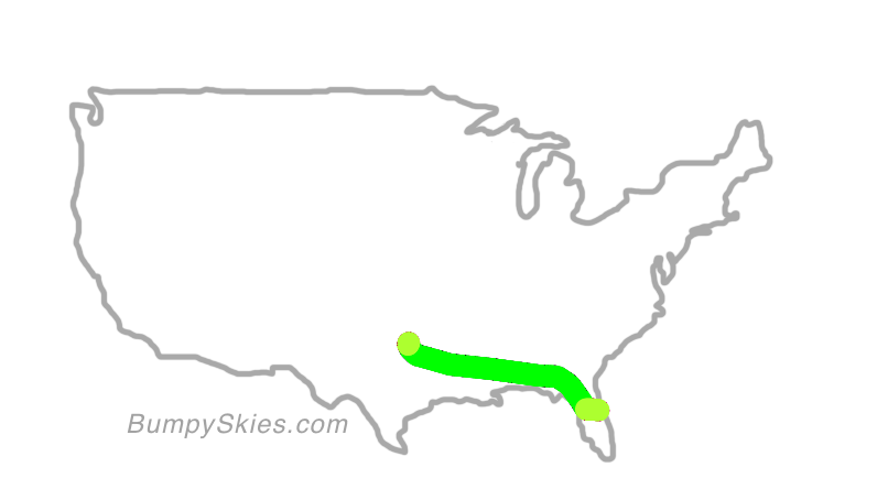 Map of continental US with illustrated flight path and turbulence forecast (described in text below)