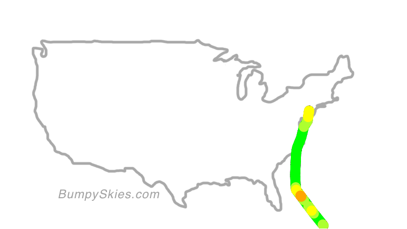 Map of continental US with illustrated flight path and turbulence forecast (described in text below)