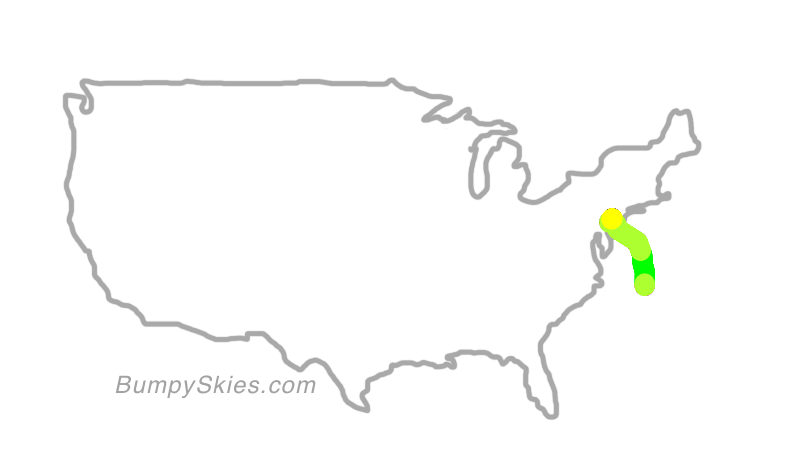 Map of continental US with illustrated flight path and turbulence forecast (described in text below)