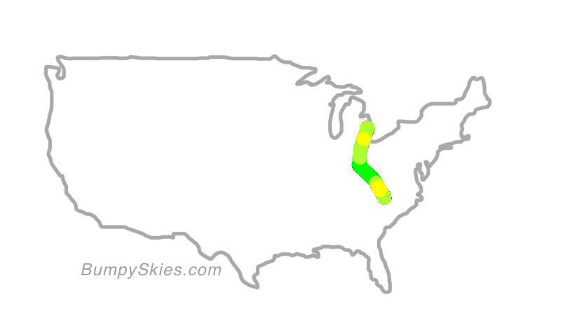 Map of continental US with illustrated flight path and turbulence forecast (described in text below)