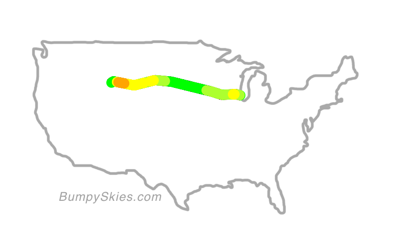 Map of continental US with illustrated flight path and turbulence forecast (described in text below)