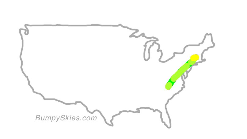 Map of continental US with illustrated flight path and turbulence forecast (described in text below)