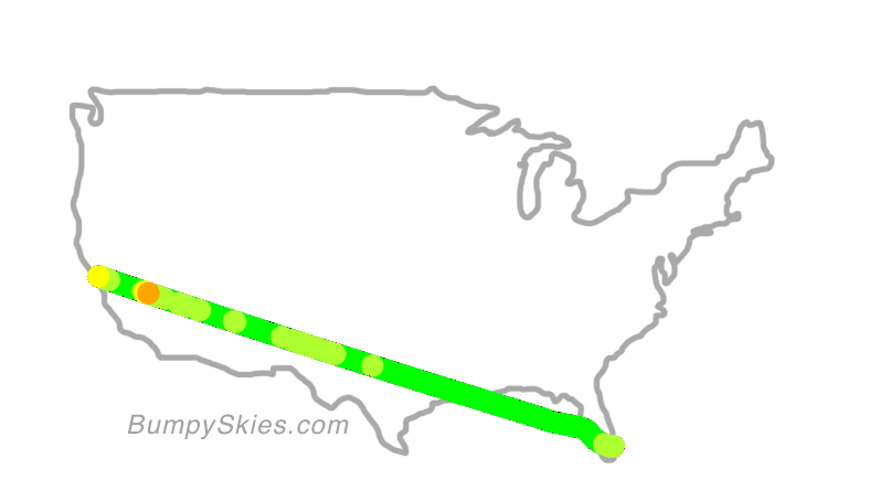 Map of continental US with illustrated flight path and turbulence forecast (described in text below)