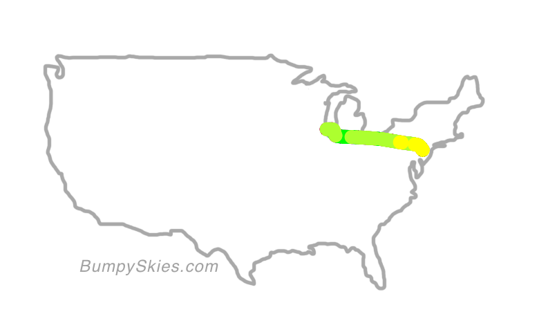 Map of continental US with illustrated flight path and turbulence forecast (described in text below)