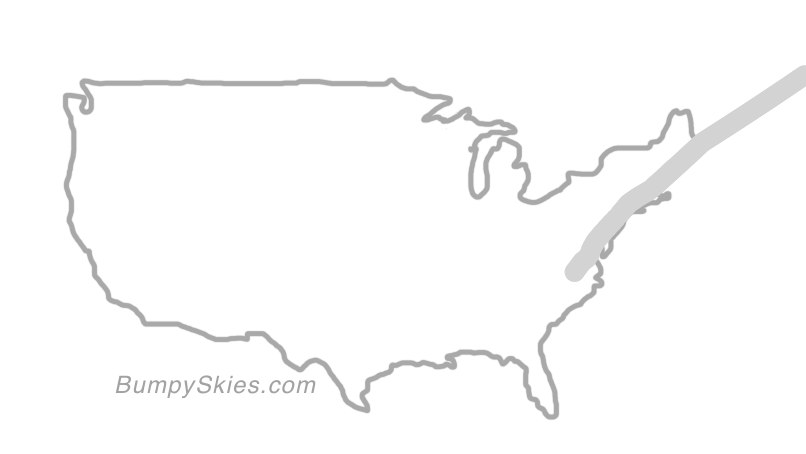 Map of continental US with illustrated flight path and turbulence forecast (described in text below)