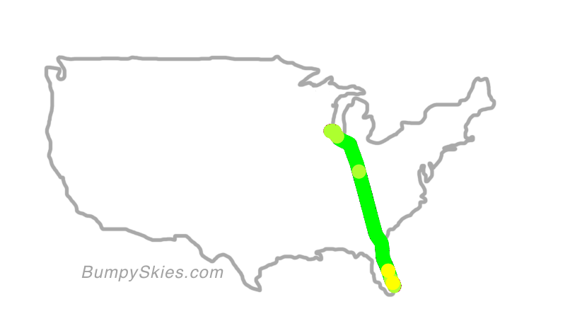 Map of continental US with illustrated flight path and turbulence forecast (described in text below)