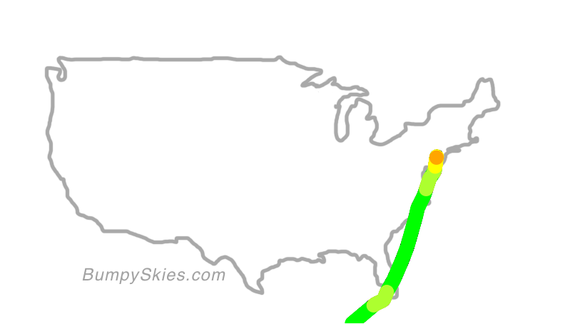 Map of continental US with illustrated flight path and turbulence forecast (described in text below)