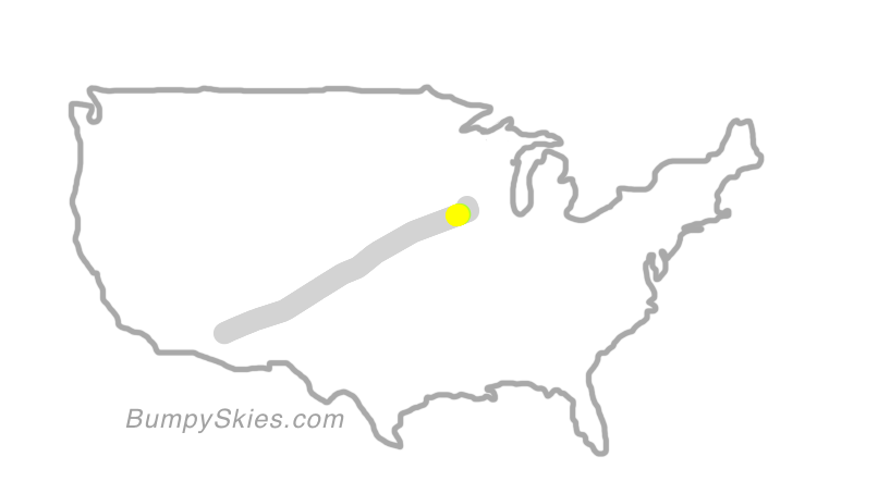 Map of continental US with illustrated flight path and turbulence forecast (described in text below)