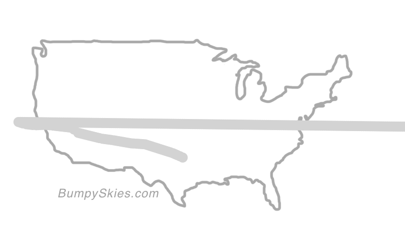 Map of continental US with illustrated flight path and turbulence forecast (described in text below)