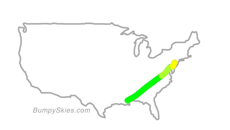 Map of continental US with illustrated flight path and turbulence forecast (described in text below)
