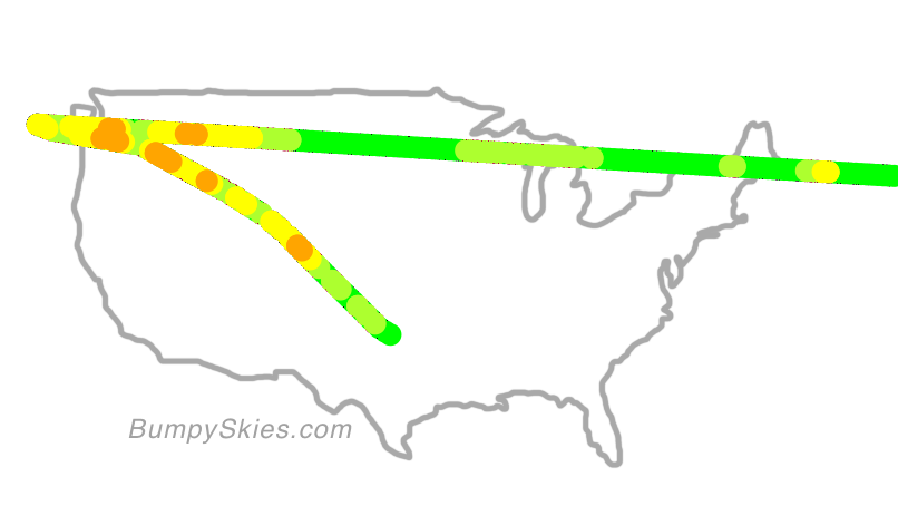 Map of continental US with illustrated flight path and turbulence forecast (described in text below)