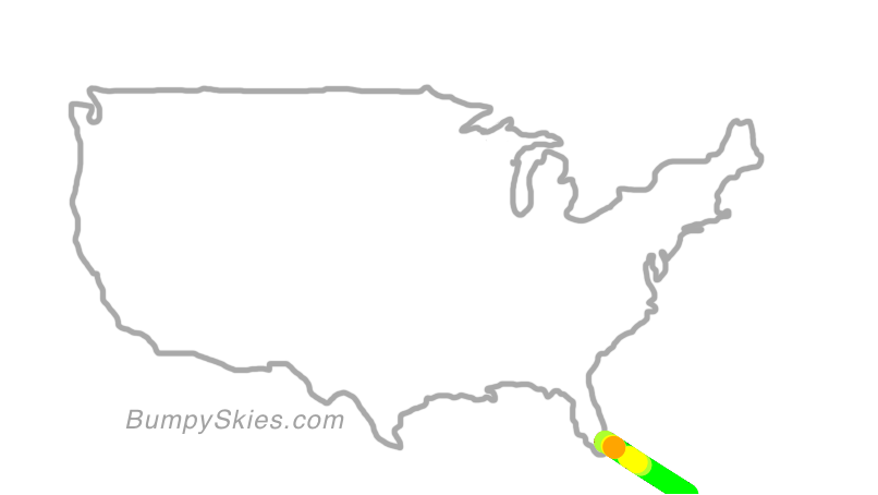 Map of continental US with illustrated flight path and turbulence forecast (described in text below)