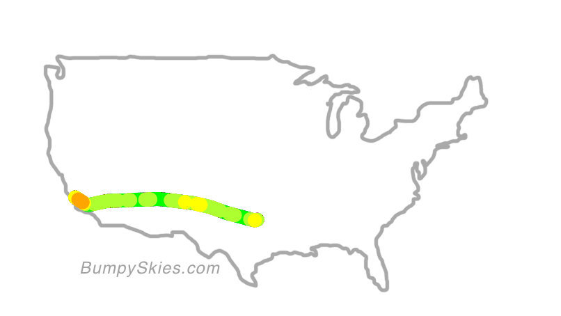 Map of continental US with illustrated flight path and turbulence forecast (described in text below)