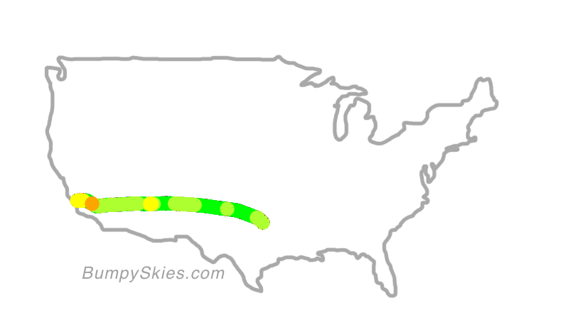 Map of continental US with illustrated flight path and turbulence forecast (described in text below)