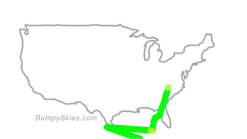 Map of continental US with illustrated flight path and turbulence forecast (described in text below)
