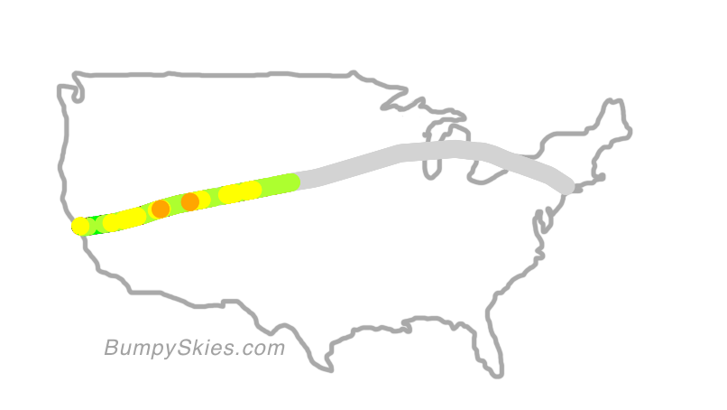 Map of continental US with illustrated flight path and turbulence forecast (described in text below)