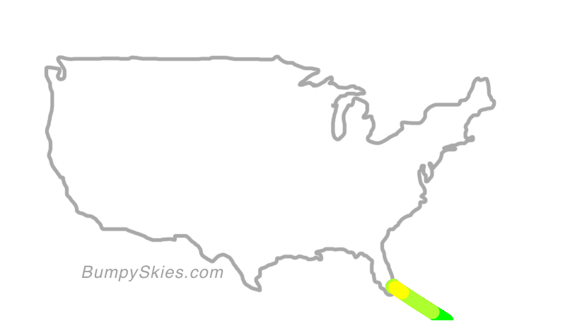 Map of continental US with illustrated flight path and turbulence forecast (described in text below)
