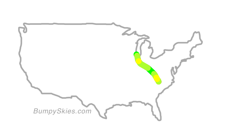 Map of continental US with illustrated flight path and turbulence forecast (described in text below)