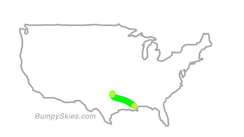 Map of continental US with illustrated flight path and turbulence forecast (described in text below)