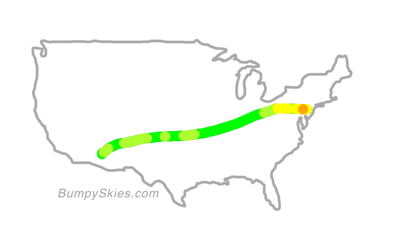 Map of continental US with illustrated flight path and turbulence forecast (described in text below)