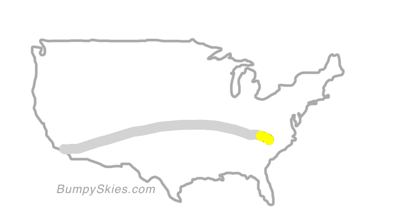 Map of continental US with illustrated flight path and turbulence forecast (described in text below)