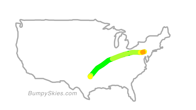 Map of continental US with illustrated flight path and turbulence forecast (described in text below)