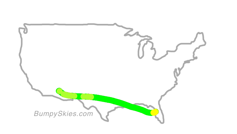 Map of continental US with illustrated flight path and turbulence forecast (described in text below)
