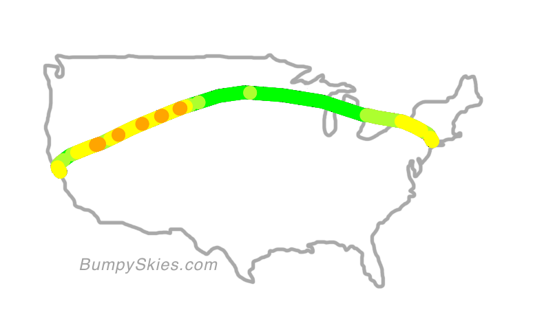 Map of continental US with illustrated flight path and turbulence forecast (described in text below)