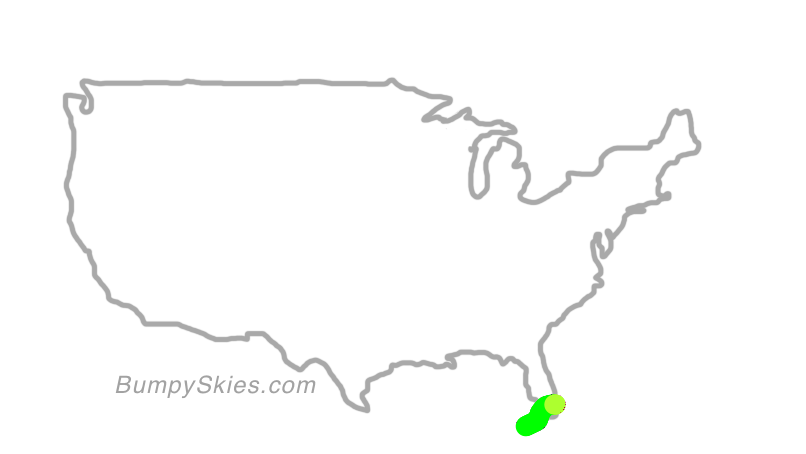 Map of continental US with illustrated flight path and turbulence forecast (described in text below)
