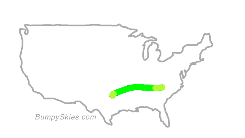 Map of continental US with illustrated flight path and turbulence forecast (described in text below)