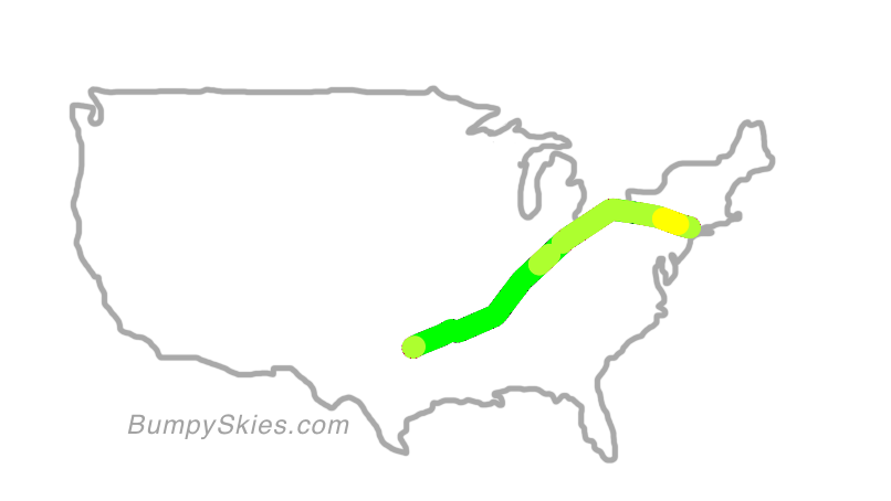Map of continental US with illustrated flight path and turbulence forecast (described in text below)