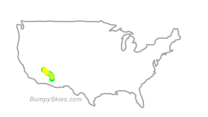 Map of continental US with illustrated flight path and turbulence forecast (described in text below)