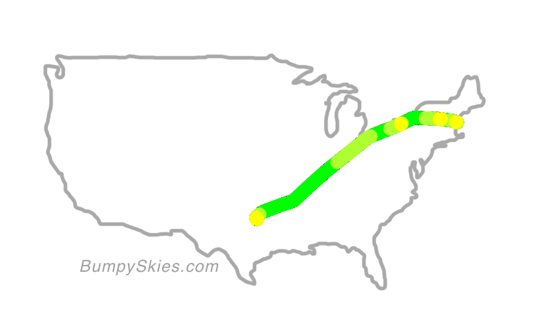 Map of continental US with illustrated flight path and turbulence forecast (described in text below)