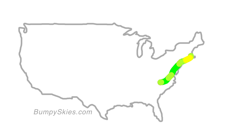 Map of continental US with illustrated flight path and turbulence forecast (described in text below)