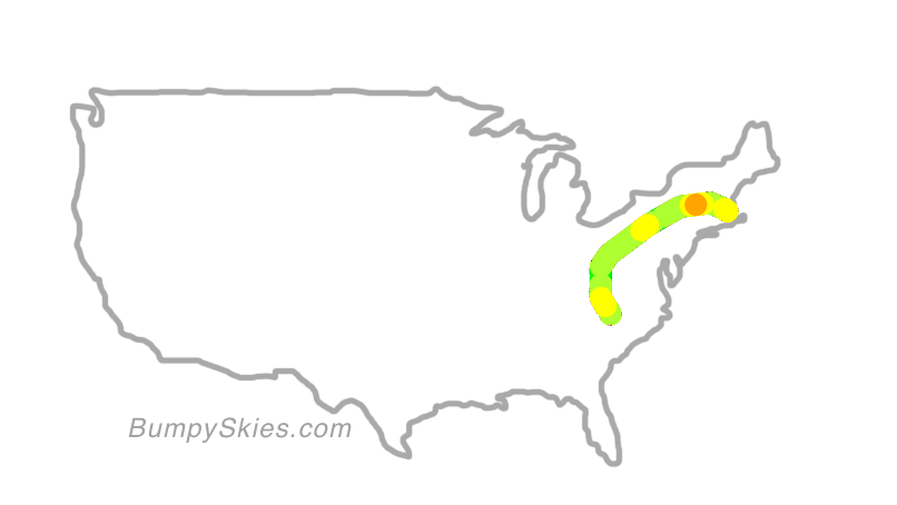Map of continental US with illustrated flight path and turbulence forecast (described in text below)