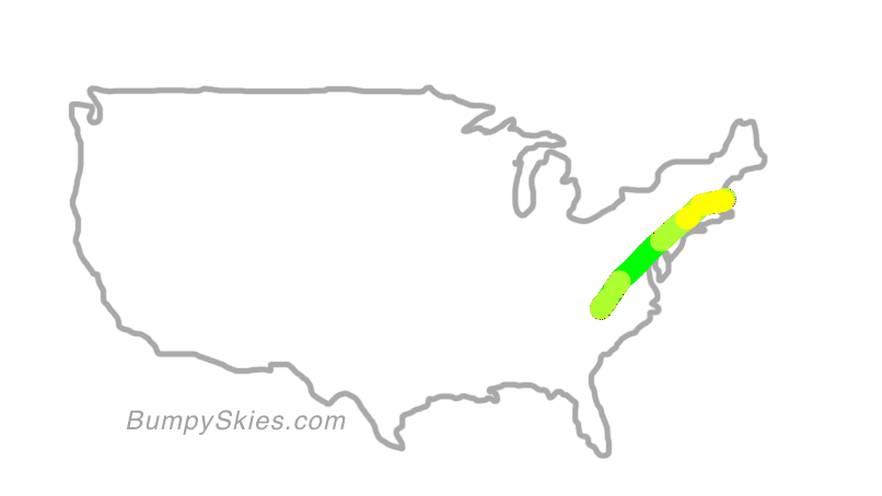 Map of continental US with illustrated flight path and turbulence forecast (described in text below)