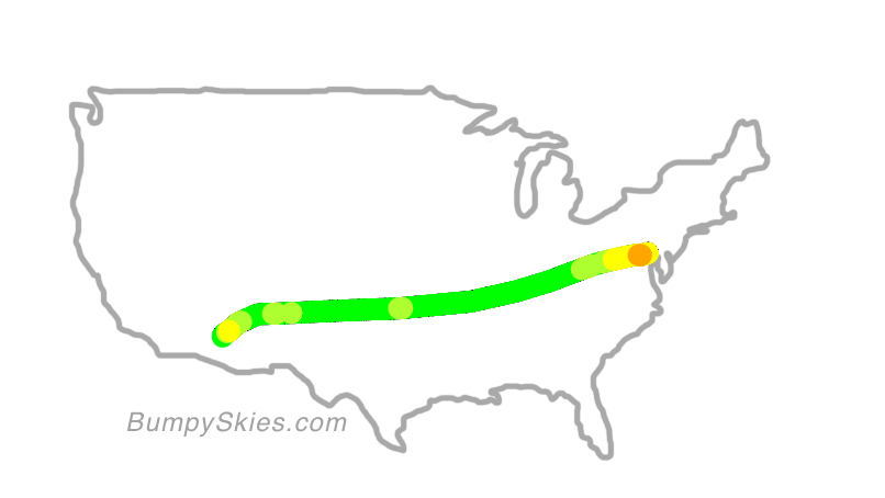 Map of continental US with illustrated flight path and turbulence forecast (described in text below)