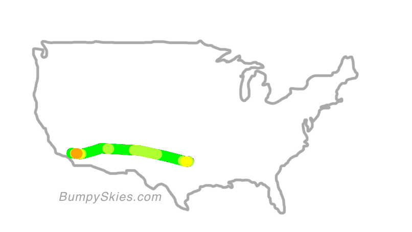 Map of continental US with illustrated flight path and turbulence forecast (described in text below)
