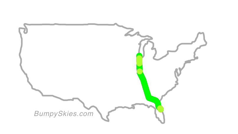 Map of continental US with illustrated flight path and turbulence forecast (described in text below)
