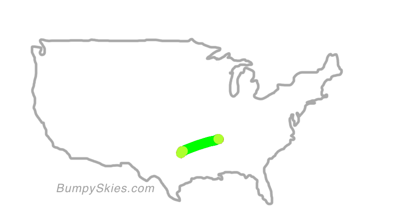 Map of continental US with illustrated flight path and turbulence forecast (described in text below)