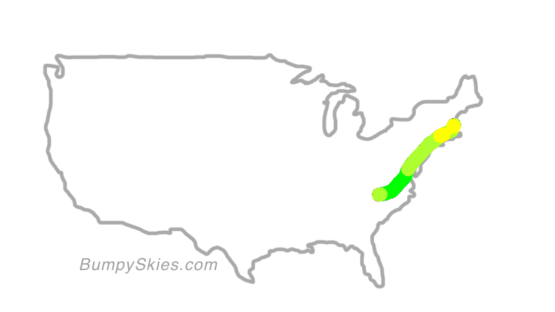 Map of continental US with illustrated flight path and turbulence forecast (described in text below)