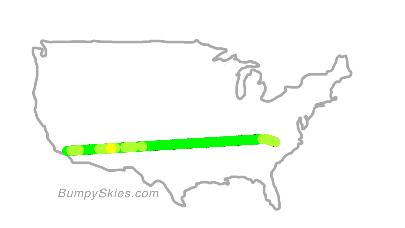 Map of continental US with illustrated flight path and turbulence forecast (described in text below)