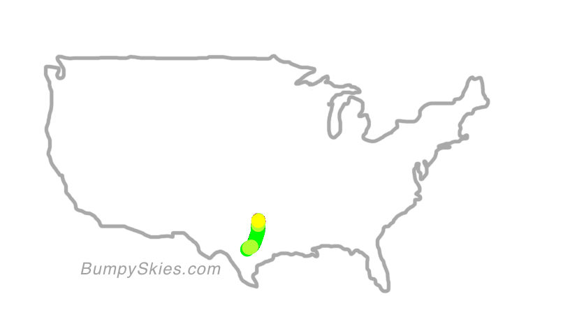 Map of continental US with illustrated flight path and turbulence forecast (described in text below)