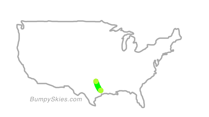 Map of continental US with illustrated flight path and turbulence forecast (described in text below)