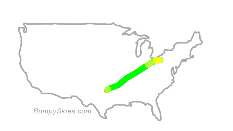 Map of continental US with illustrated flight path and turbulence forecast (described in text below)