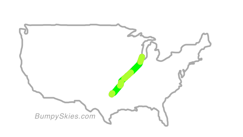 Map of continental US with illustrated flight path and turbulence forecast (described in text below)