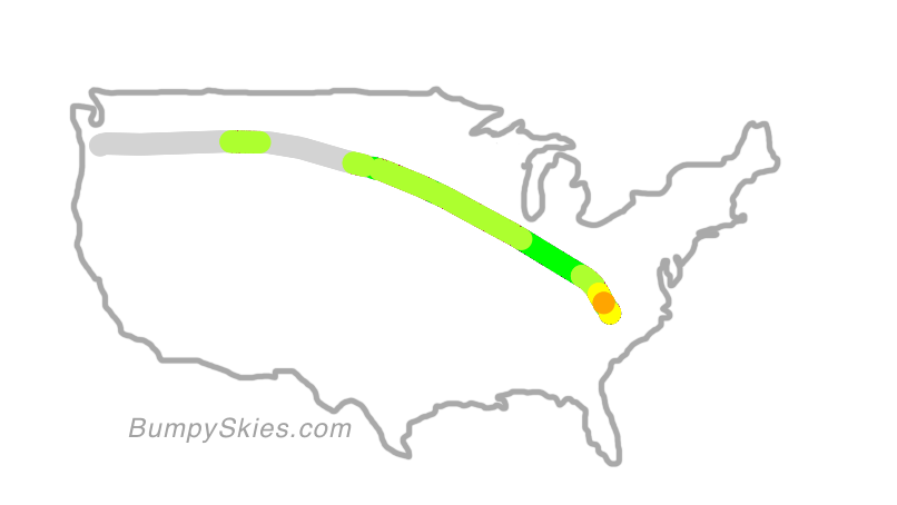 Map of continental US with illustrated flight path and turbulence forecast (described in text below)