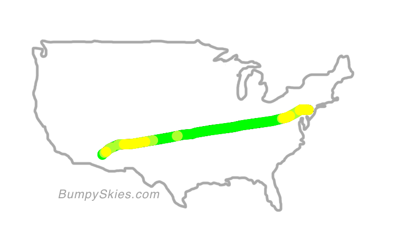 Map of continental US with illustrated flight path and turbulence forecast (described in text below)