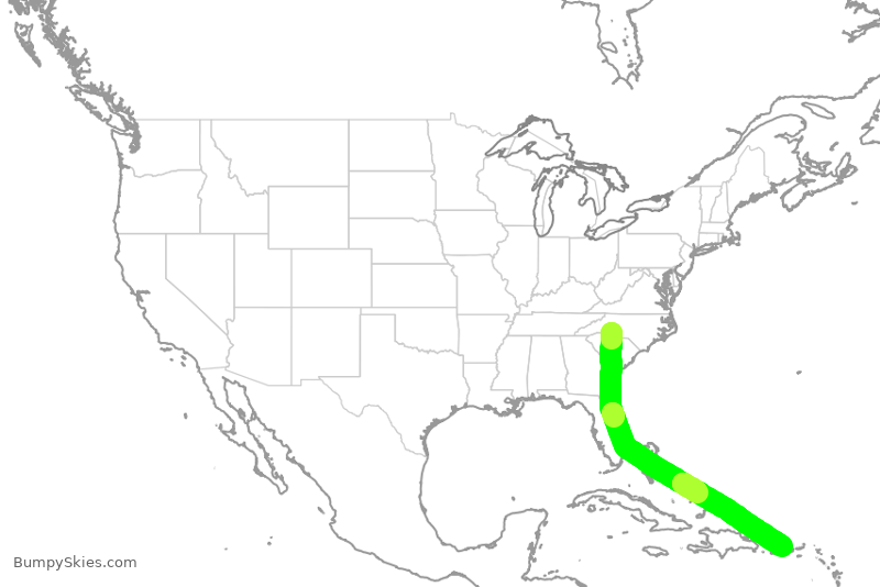 Turbulence forecast map for AAL1852, CLT to JSJ