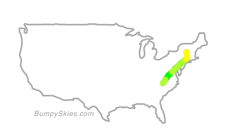 Map of continental US with illustrated flight path and turbulence forecast (described in text below)